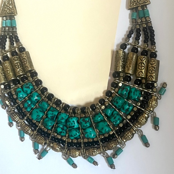 south africa 🇿🇦 boho turquoise black gold boho fringe statement necklace - Picture 9 of 12